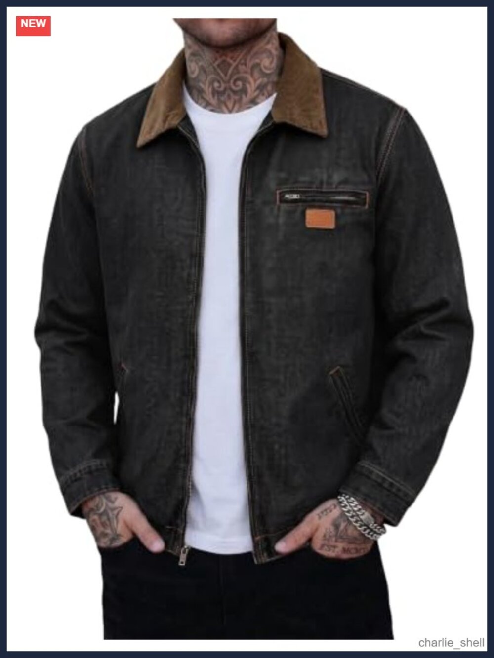 Mens Casual Denim Jacket Corduroy Collar Zip Workwear Coat